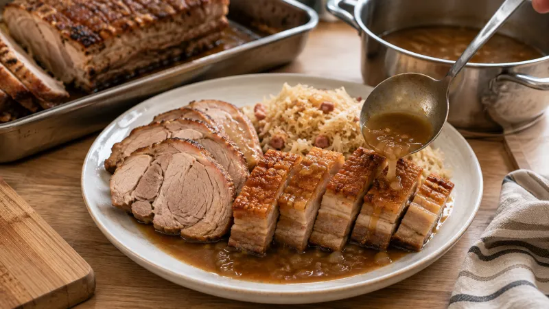 Arbeitsschritt 6: Schweinsbraten vom Schopf und Bauch mit Specksauerkraut