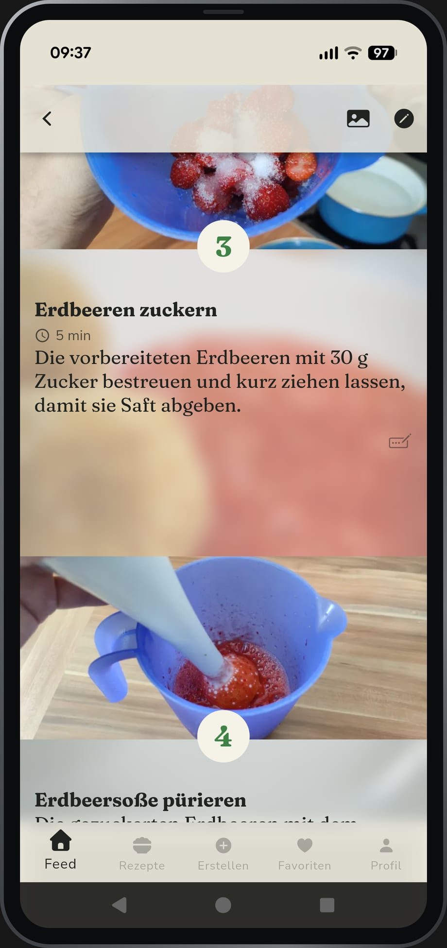 Die App im Hellmodus: die Kochansicht mit nummerierten Schritten