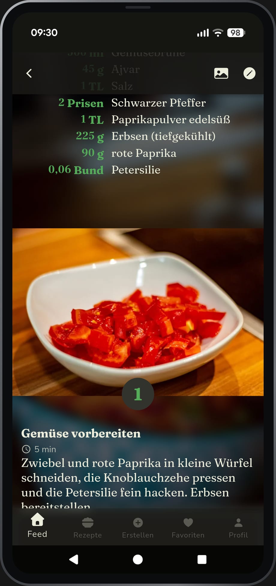 App-Ansicht: die Kochansicht mit den Zubereitungsschritten