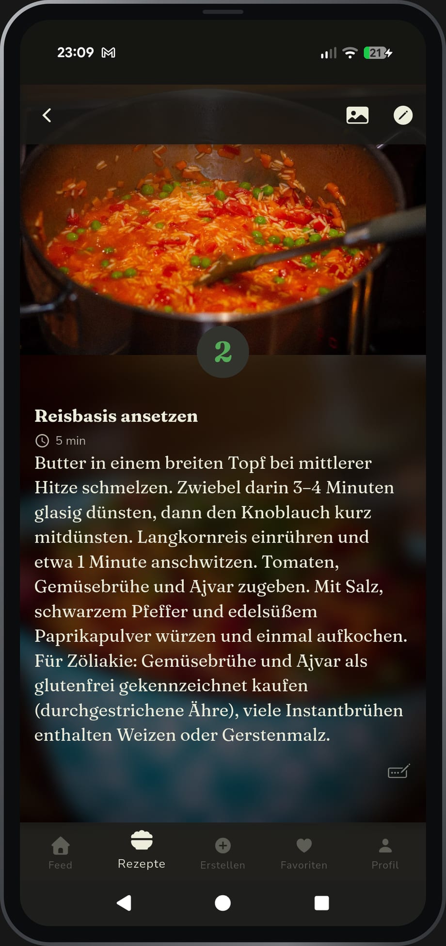App-Ansicht: die Kochansicht mit den Zubereitungsschritten