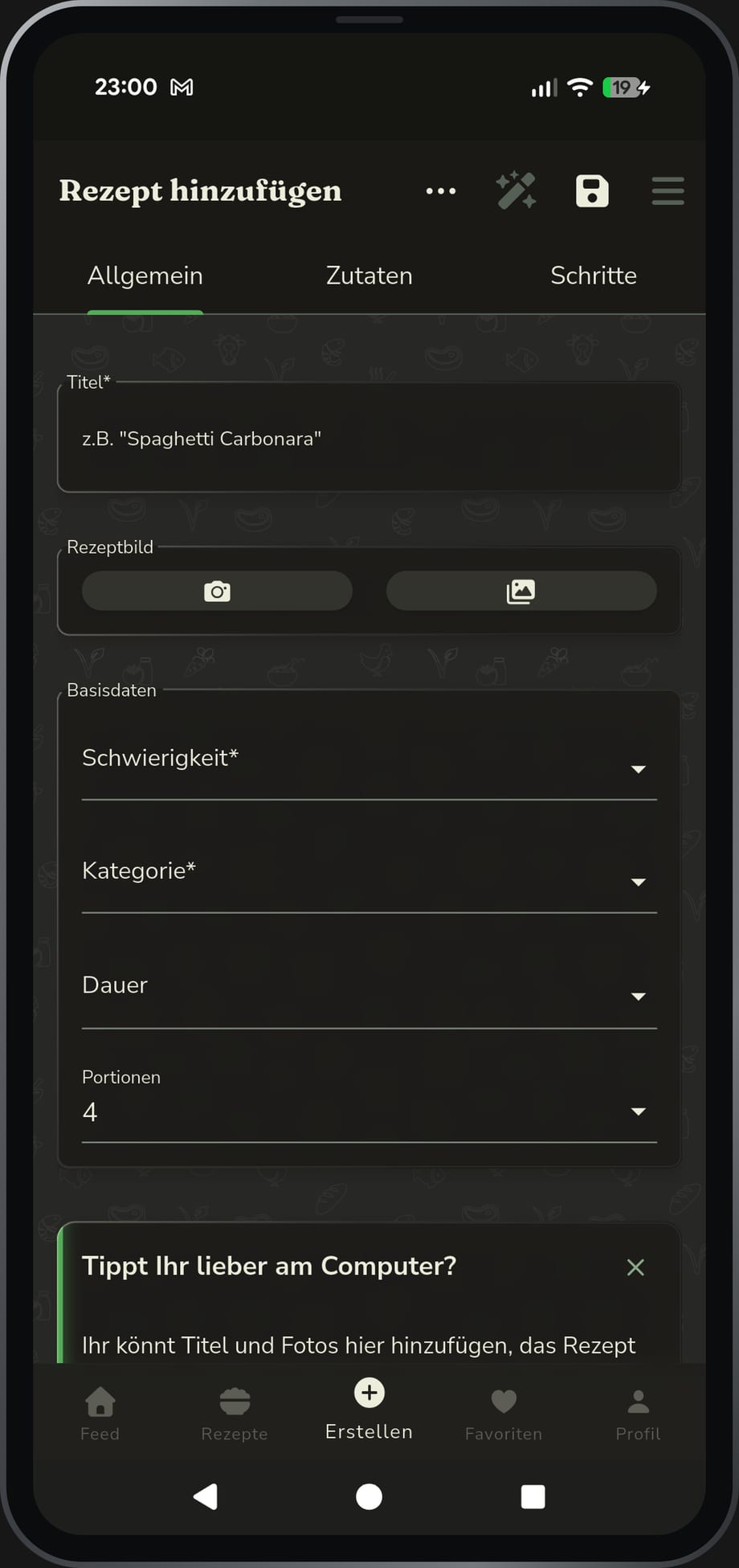 App-Ansicht: ein eigenes Rezept anlegen