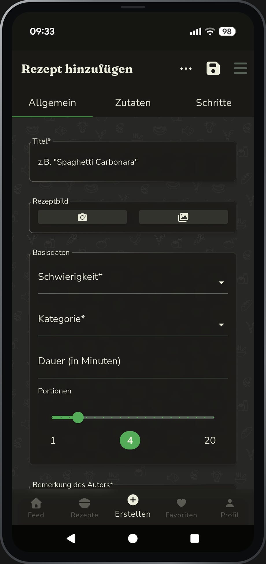 App-Ansicht: ein eigenes Rezept anlegen