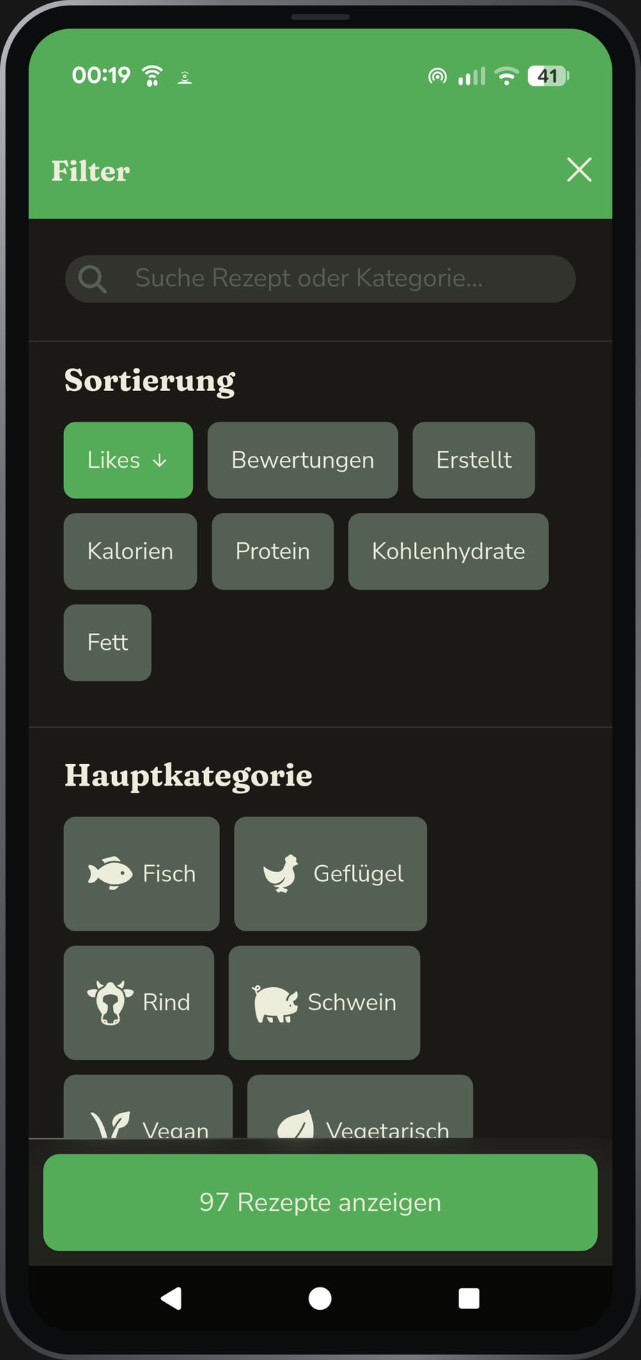 App-Ansicht: Rezepte nach Wunsch filtern