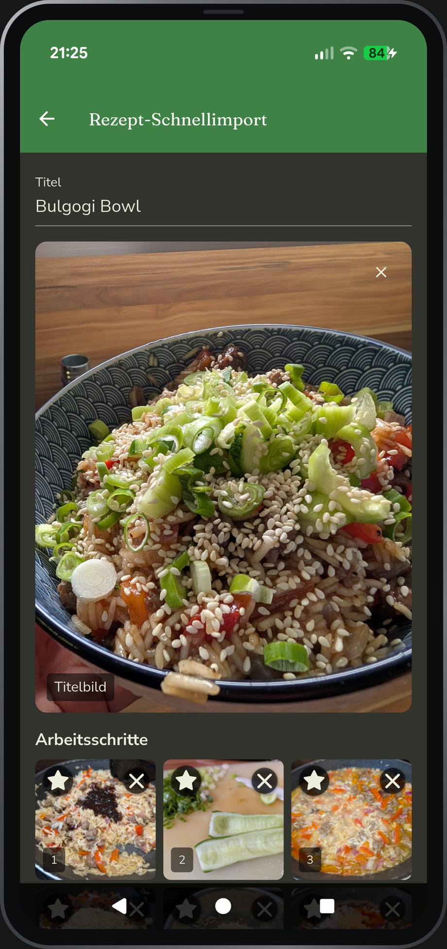 App-Ansicht: der Rezept-Schnellimport mit eingetragenem Titel, dem gewählten Titelbild und dem Beginn der Arbeitsschritte darunter.