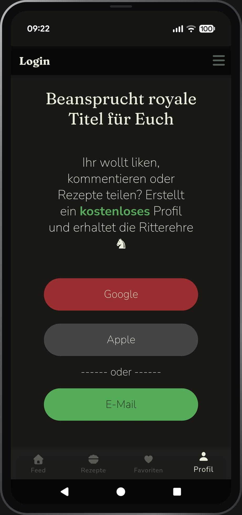 App-Ansicht: der Anmeldeschirm des Royal Food Club