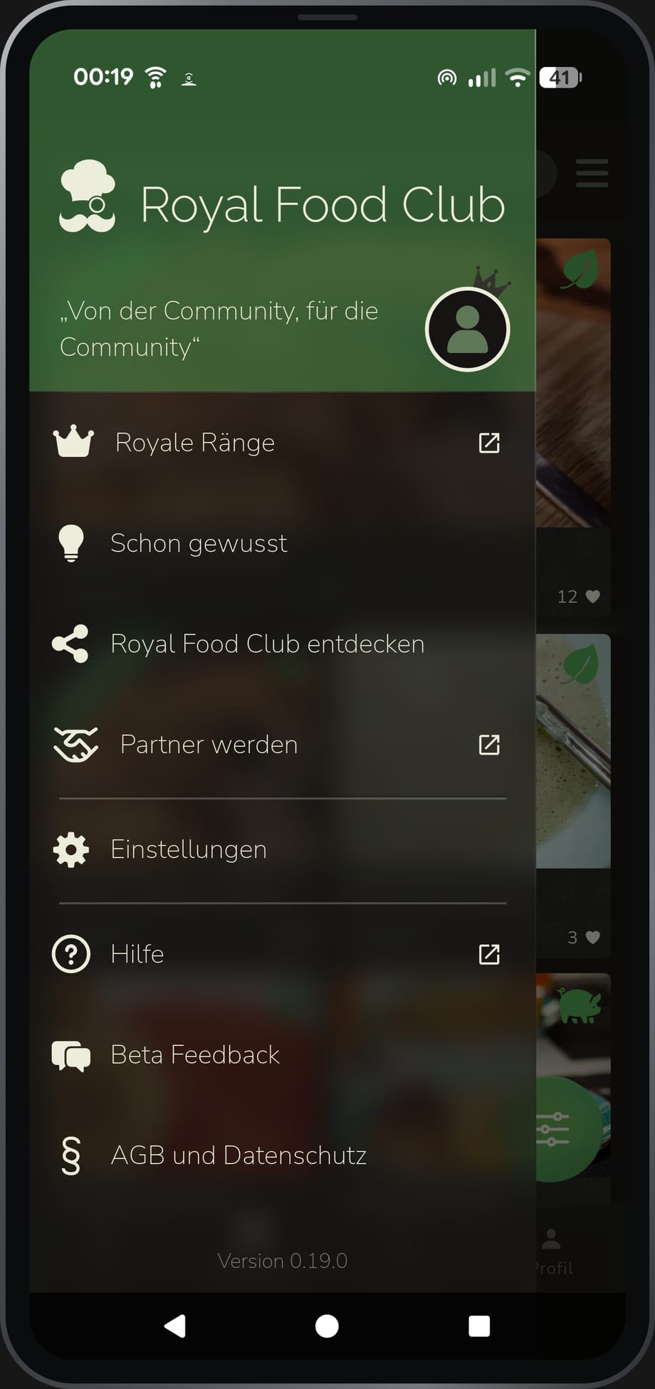 App-Ansicht: das Hauptmenü mit allen Bereichen der App