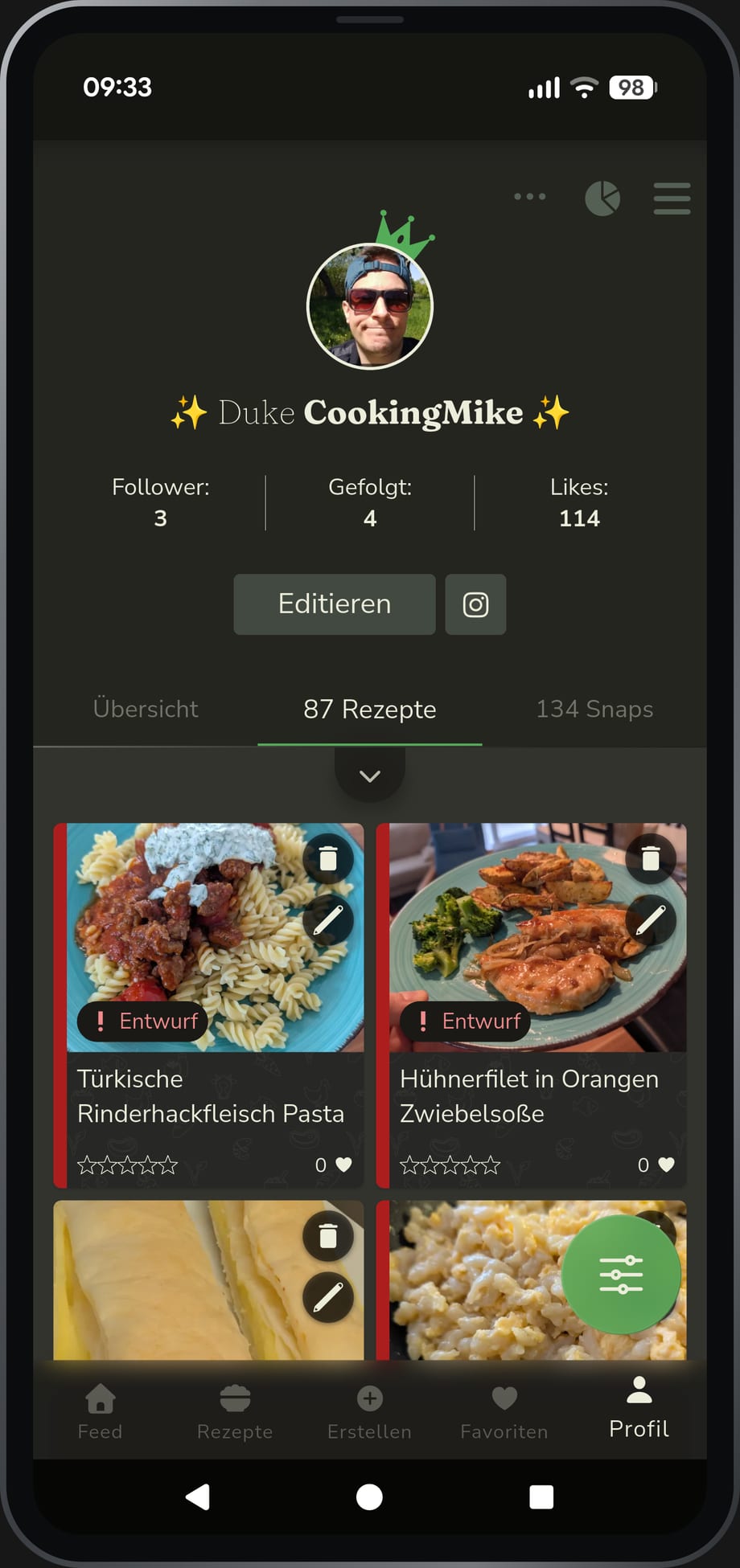 App-Ansicht: das Profil eines Mitglieds mit seinen Rezepten