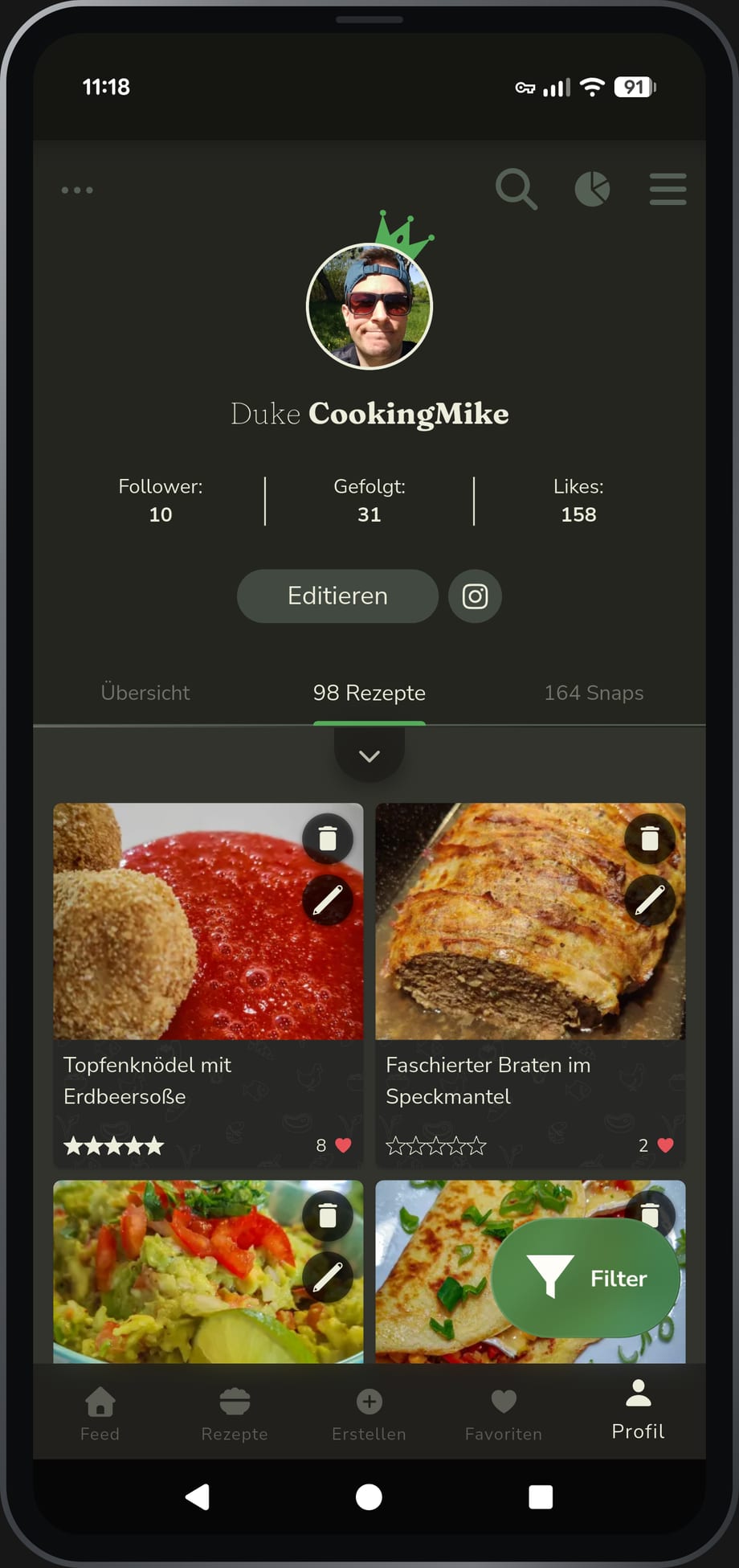 App-Ansicht: das Profil eines Mitglieds mit seinen Rezepten