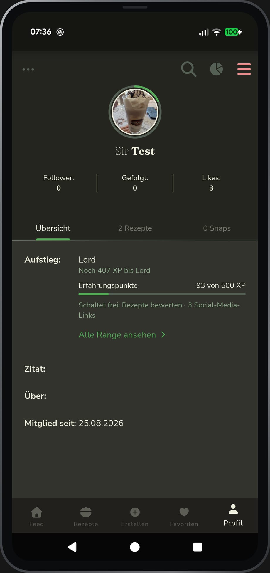 App-Ansicht: das eigene Profil mit Fortschrittsring und dem Weg zum nächsten Rang