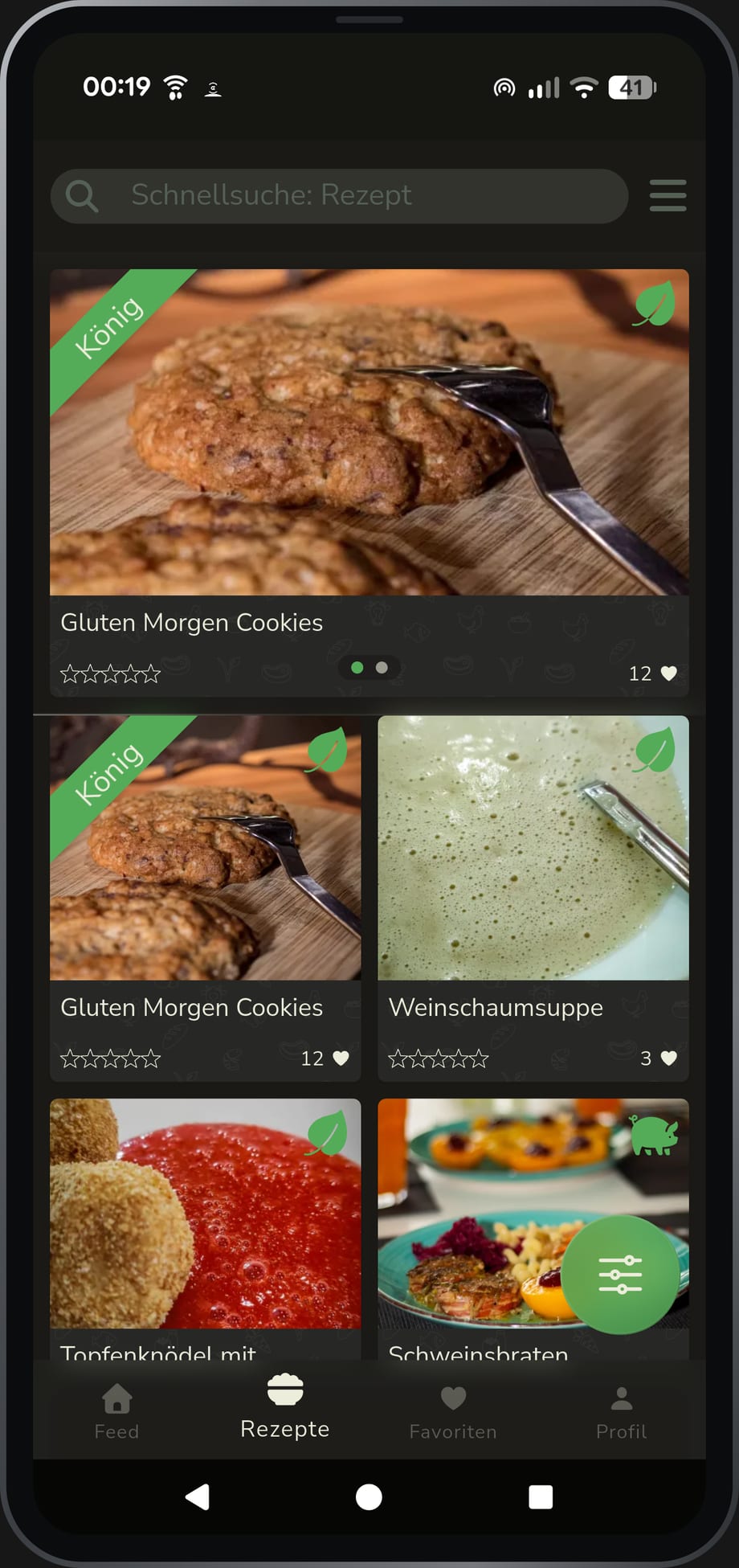 App-Ansicht: Rezeptliste mit Schnellsuche