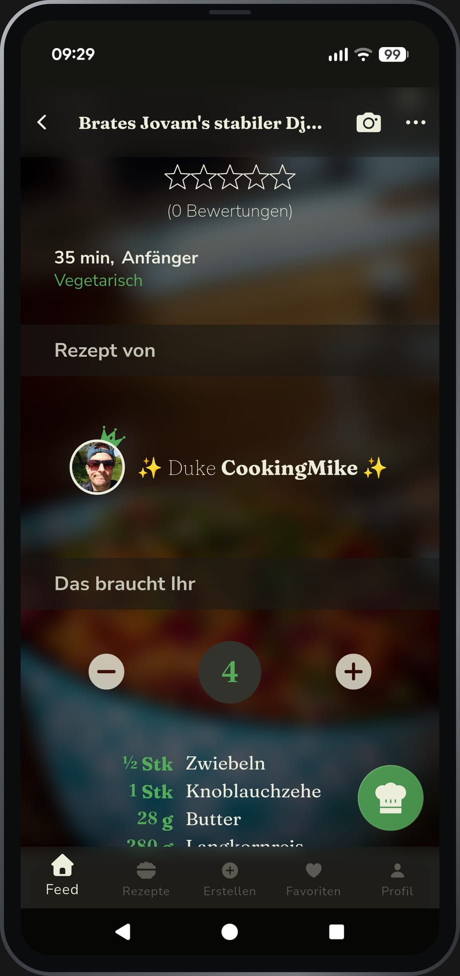 App-Ansicht: Zutatenliste mit Portionsrechner