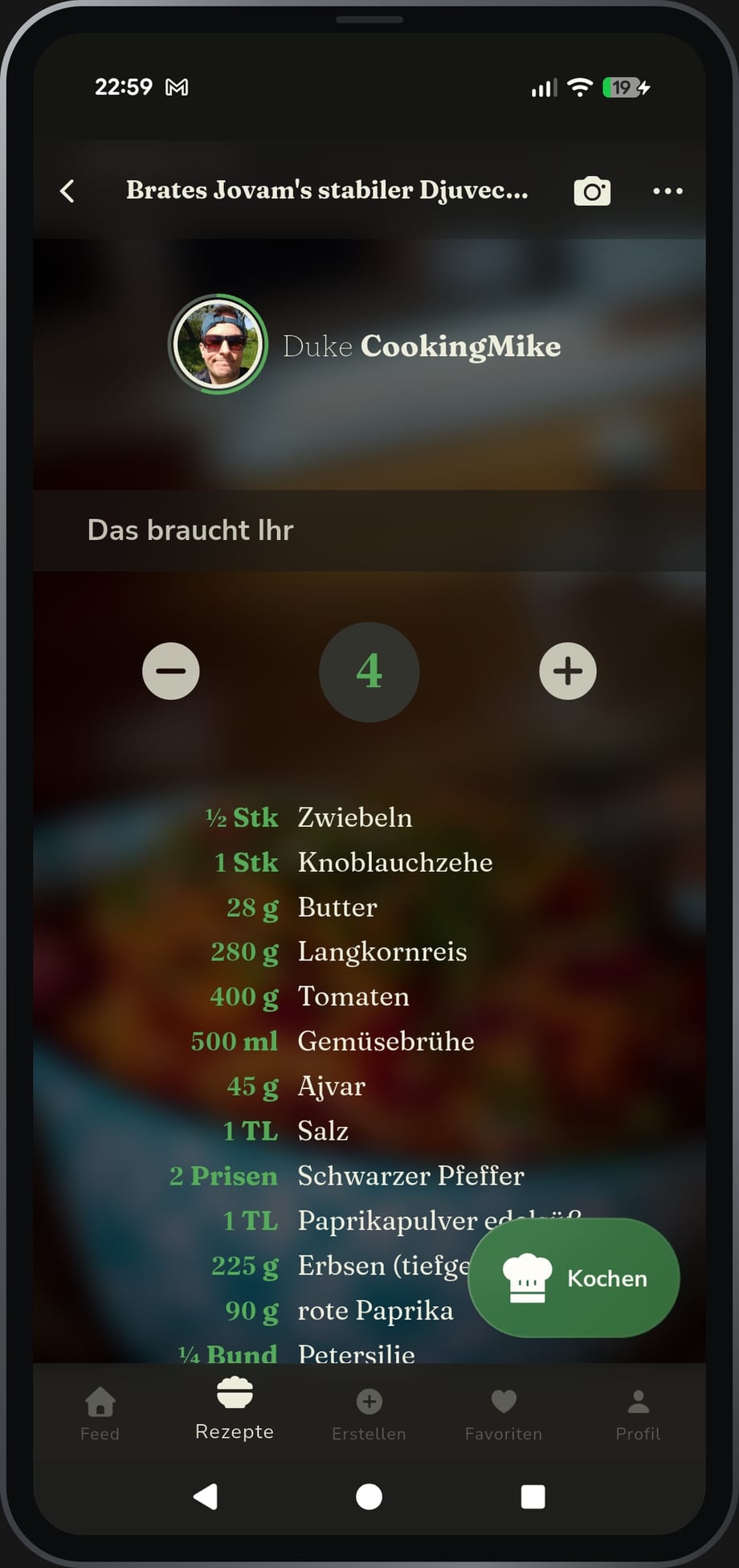 App-Ansicht: Zutatenliste mit Portionsrechner