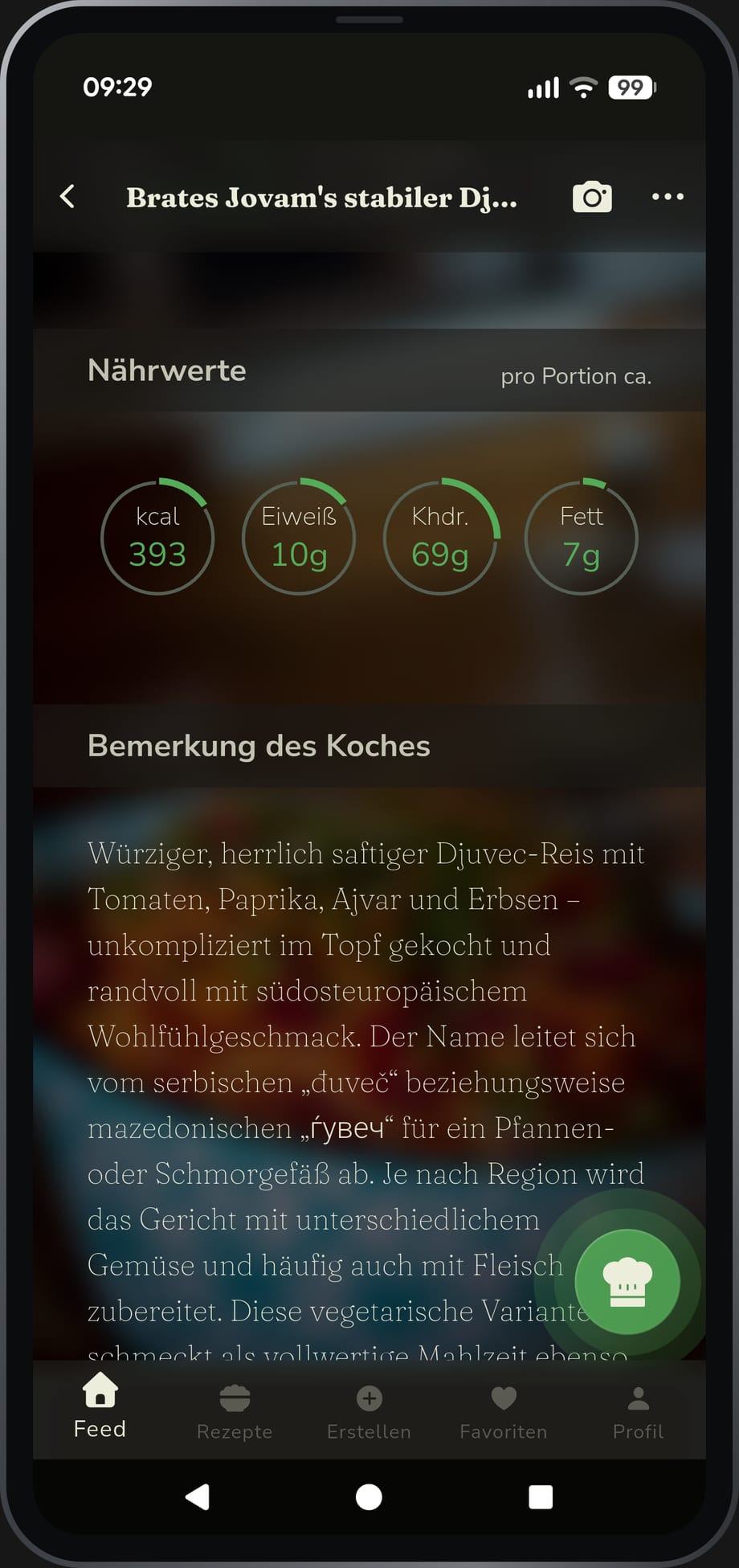App-Ansicht: Nährwerte und Bemerkung des Koches