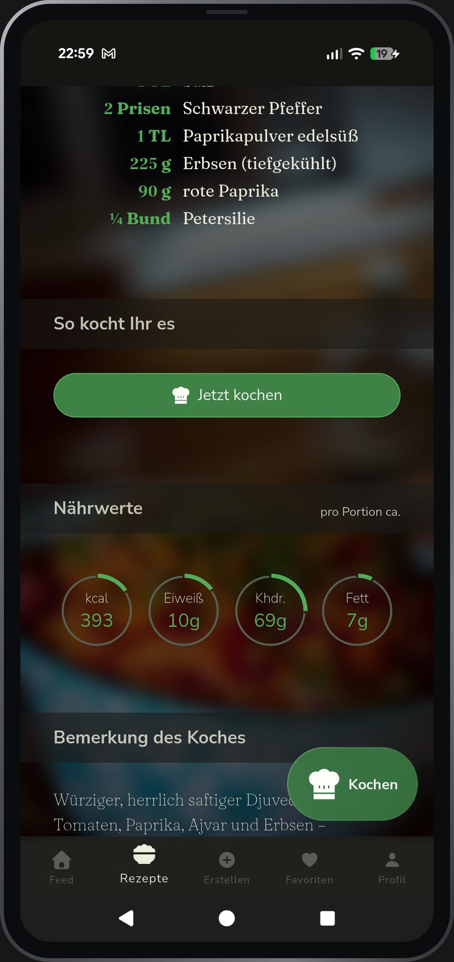 App-Ansicht: Nährwerte und Bemerkung des Koches